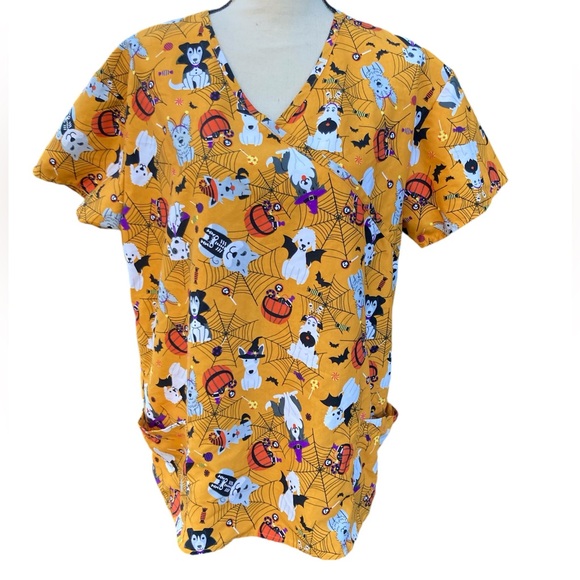 Serene Uniforms Orange Halloween Dogs Puppy Scrub Top XL Trick Or Treat - Picture 2 of 6